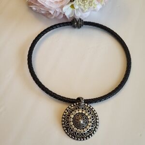 Chico's Necklace Woven Leather Wrap Medallion Crystal Statement Pendant Jewelry